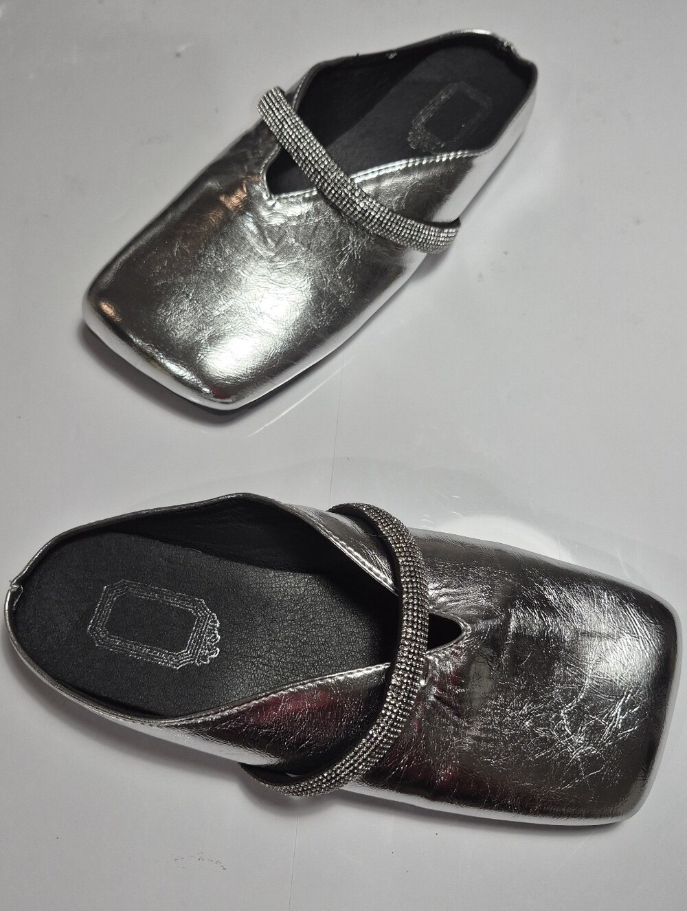 Metallic Silver Square-Toe Slip-On Flats with Rhinestone Strap Size 39